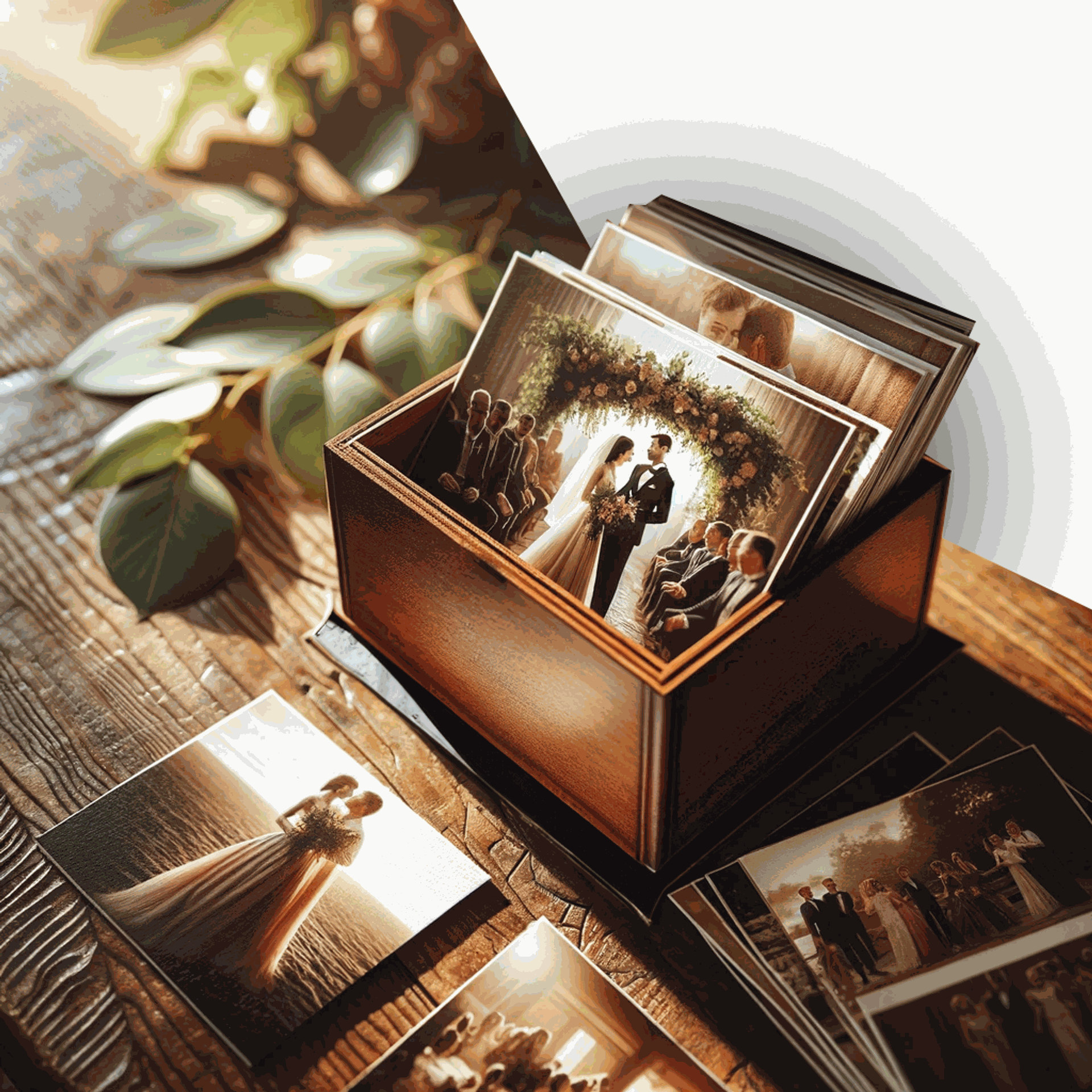 Imagen ilustrativa: Caja con nombre grabado y fotografías impresas de 5x7